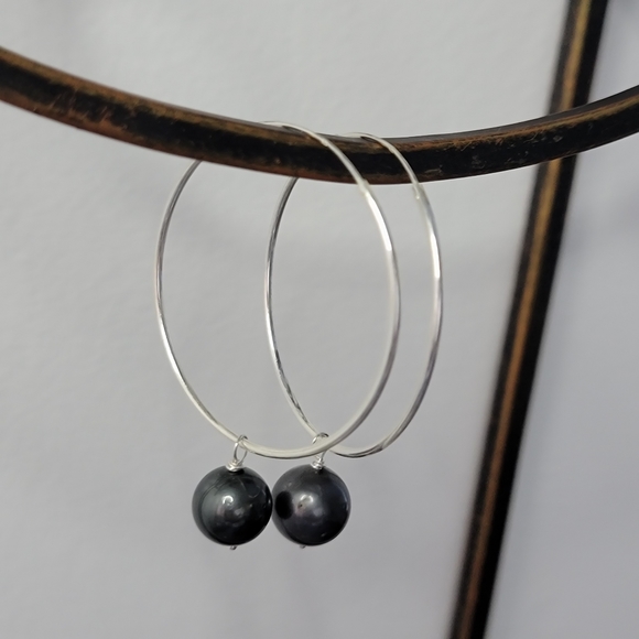 New Large Hoop Tahitian Pearl Earrings Sterling Silver - Picture 3 of 11